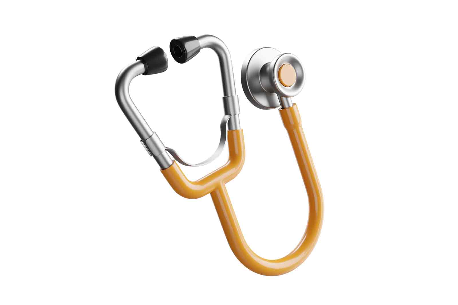 Orange stethoscope on white background, 3d rendered illustration. Medical instrument for listening to the sounds of the heart and lungs.