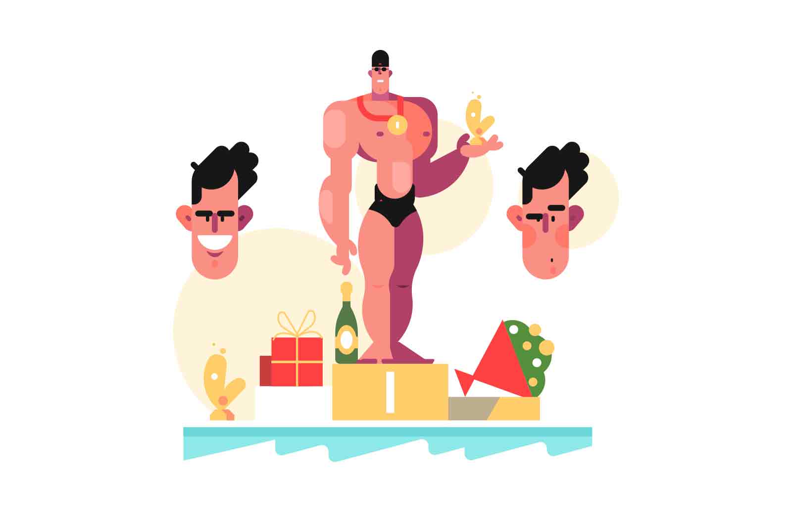 Swimmer on pedestal with gold cup in hand, vector illustration. Swimming competition concept.