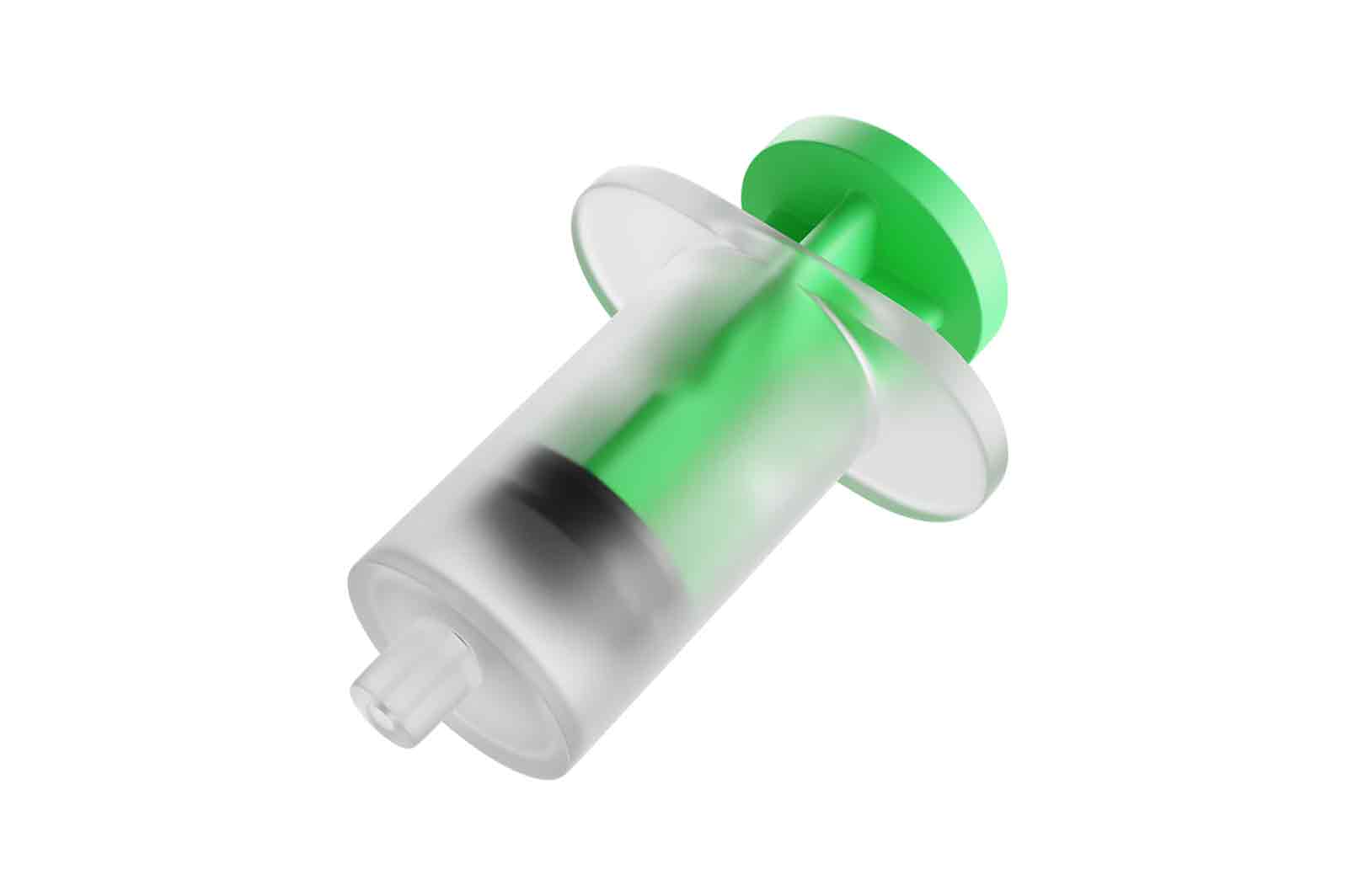 Plastic syringe with green plunger, 3d rendered illustration. Medical device for injecting or drawing fluids.