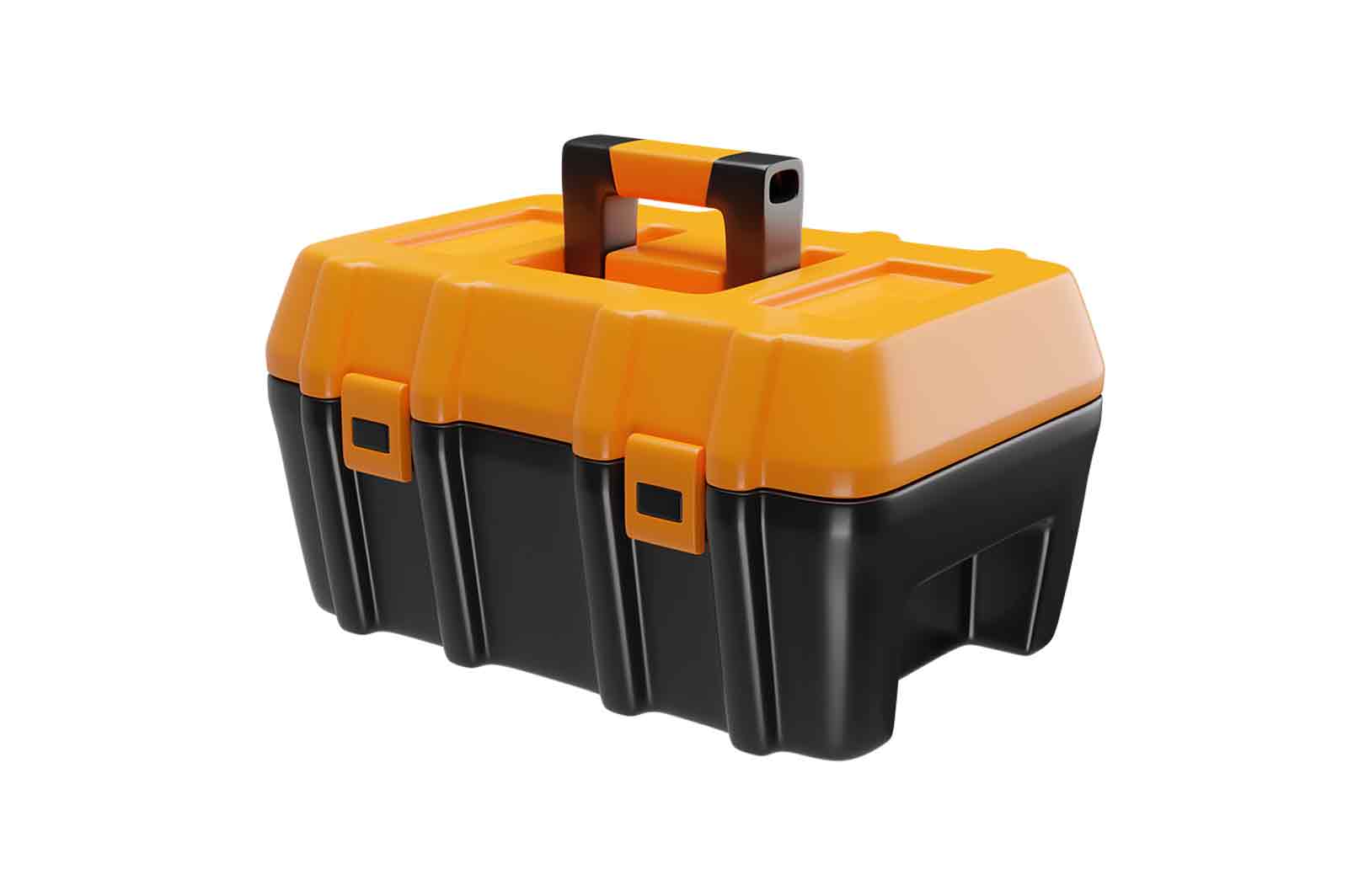 Black and orange tool box, 3d rendered illustration. A portable container for storing or carrying various tools and accessories.