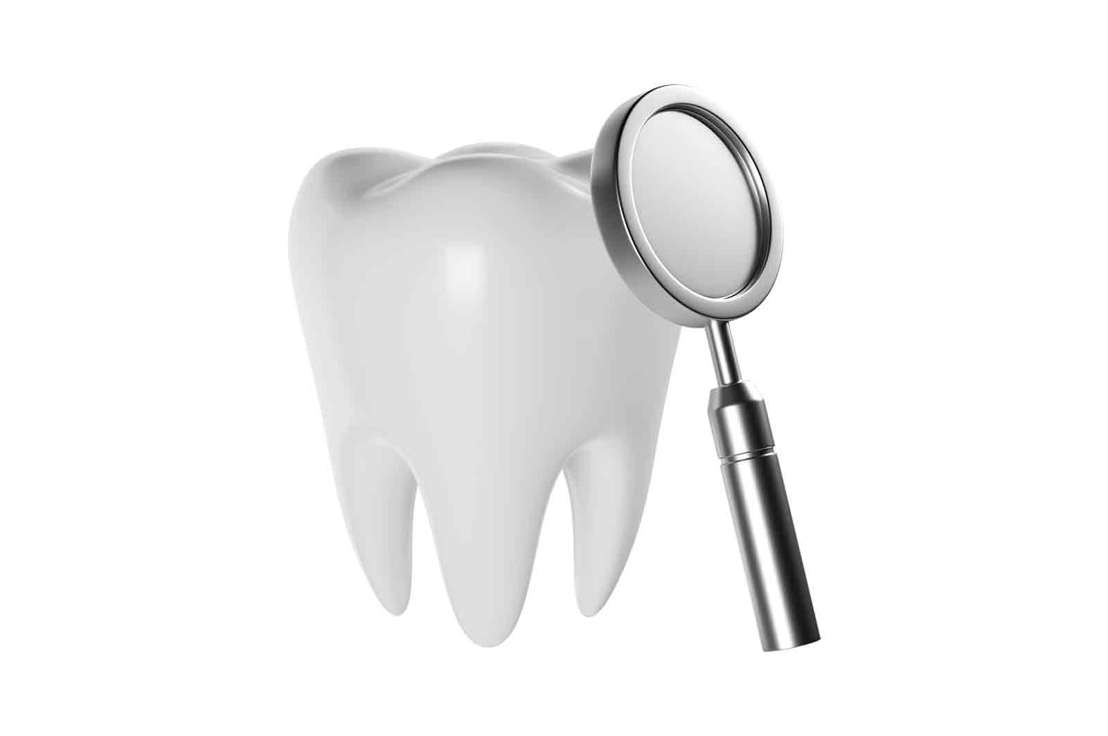 White tooth and dental mirror, 3d rendered illustration. A representation of a dental examination of a healthy molar.