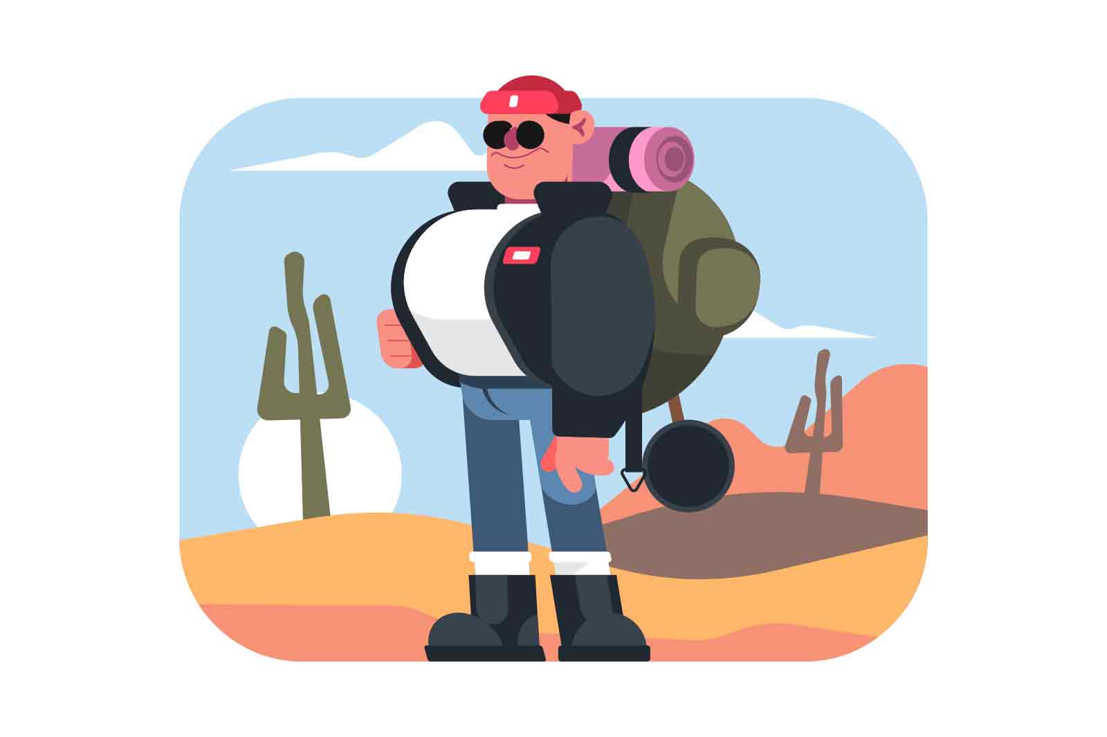 Man Travel with backpack in desert, vector illustration. Man wearing red cap, sunglasses, and black jacket. Holding frying pan and water bottle. The background is desert landscape with cacti and mountains.