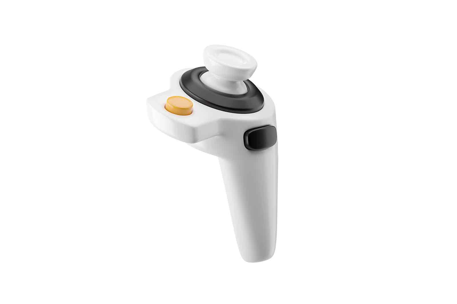 Virtual reality controller 3d rendered illustration, with white body and black and yellow handle. Isolated on white background.