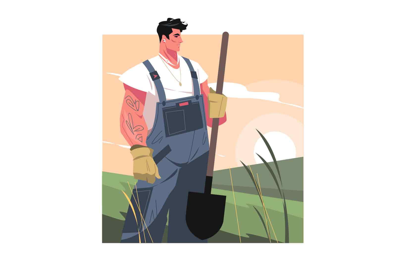 Agriculture Concept. Guy holding shovel in hands and standing in field in work clothes, vecto rillustration.