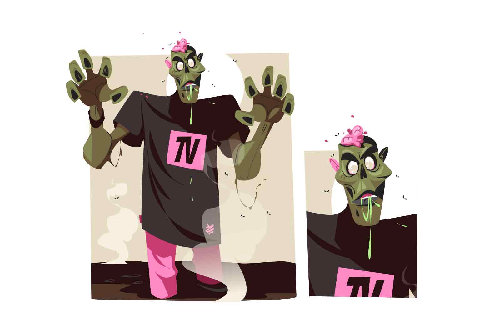 Zombie with arms and brain, vector illustration. A green-skinned, pink-haired creature with a drooling mouth and a pink brain on its head.